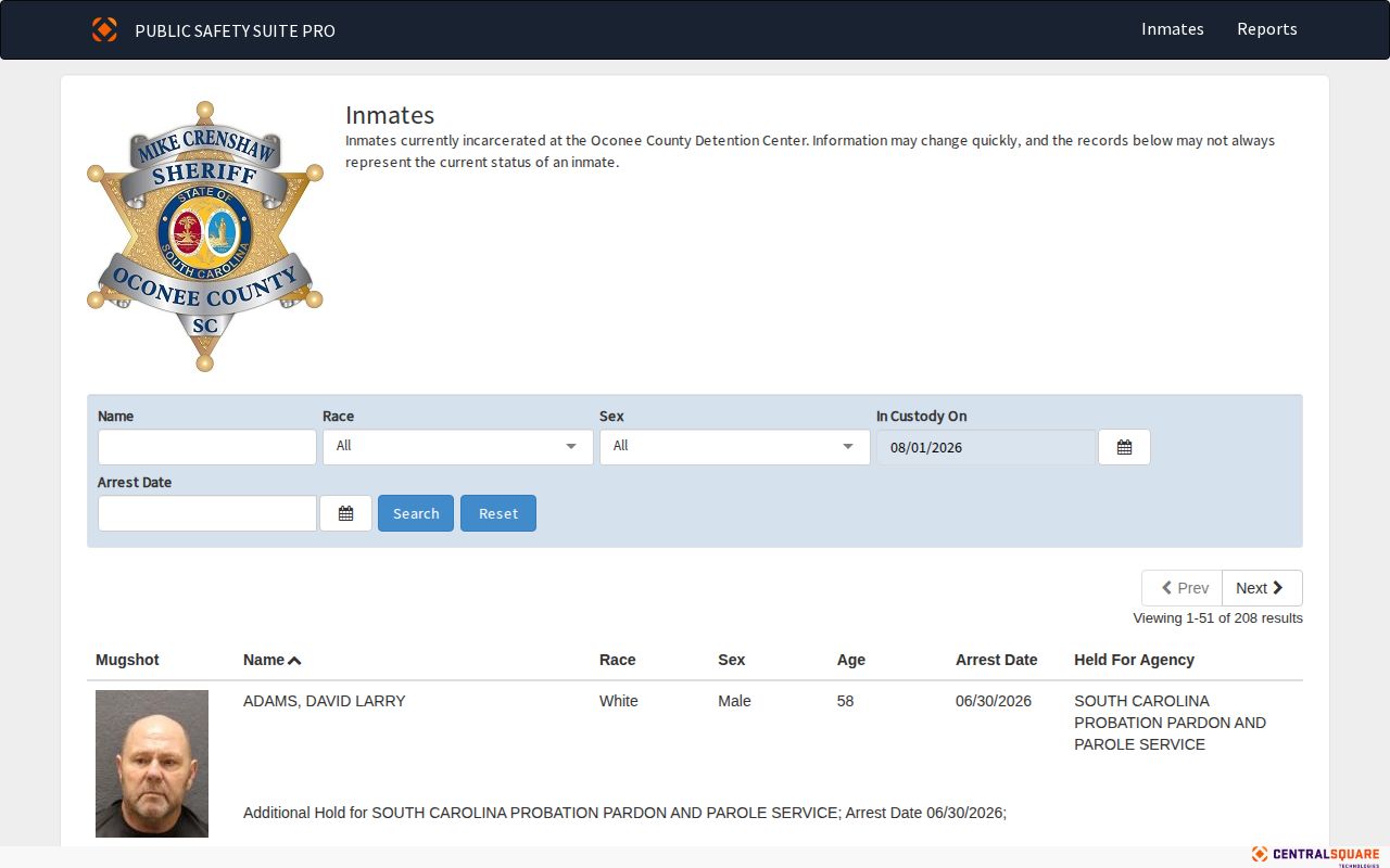 Oconee County current inmate roster fields without a release date